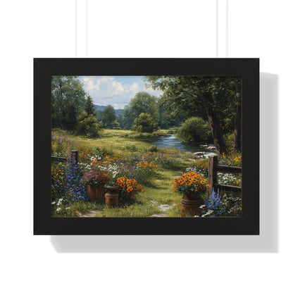 Serene Country Meadow Landscape Print - Framed Print