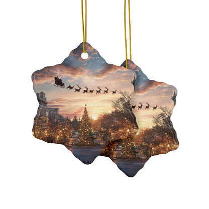 Christmas Street Scene Ceramic Ornament — Santa Sleigh 2-Sided Holiday Decoration