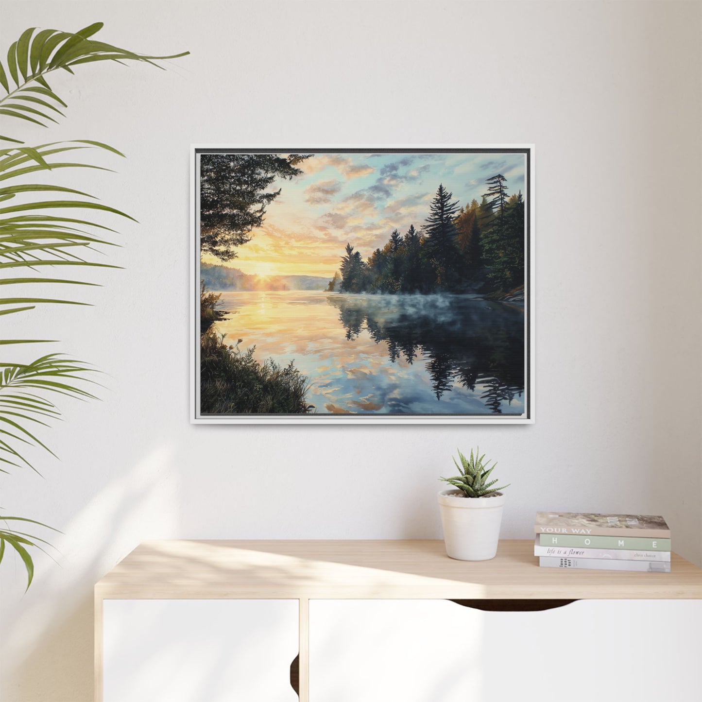 Sunrise Lake Framed Canvas Print — Forest Reflection Wall Art