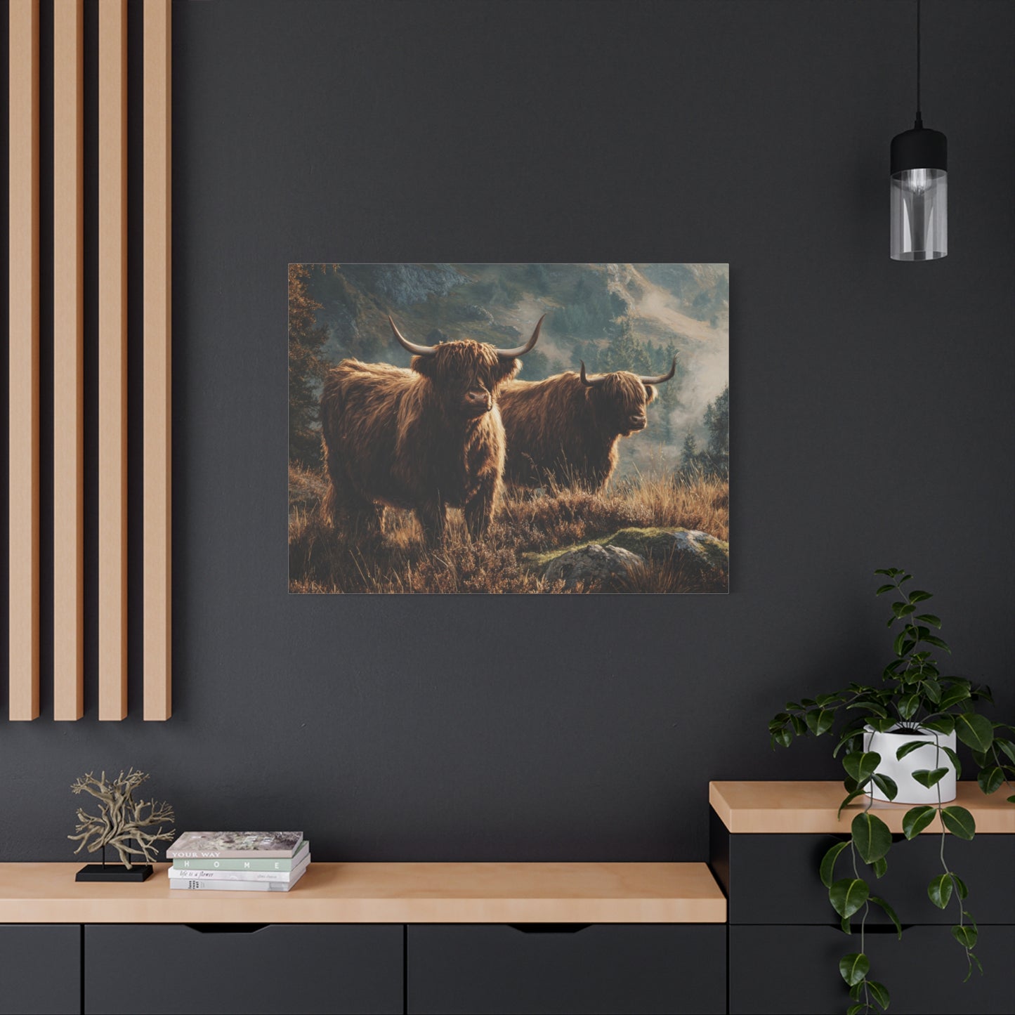 Highland Cow Canvas Print – Rustic Scottish Cattle Landscape Wall Art