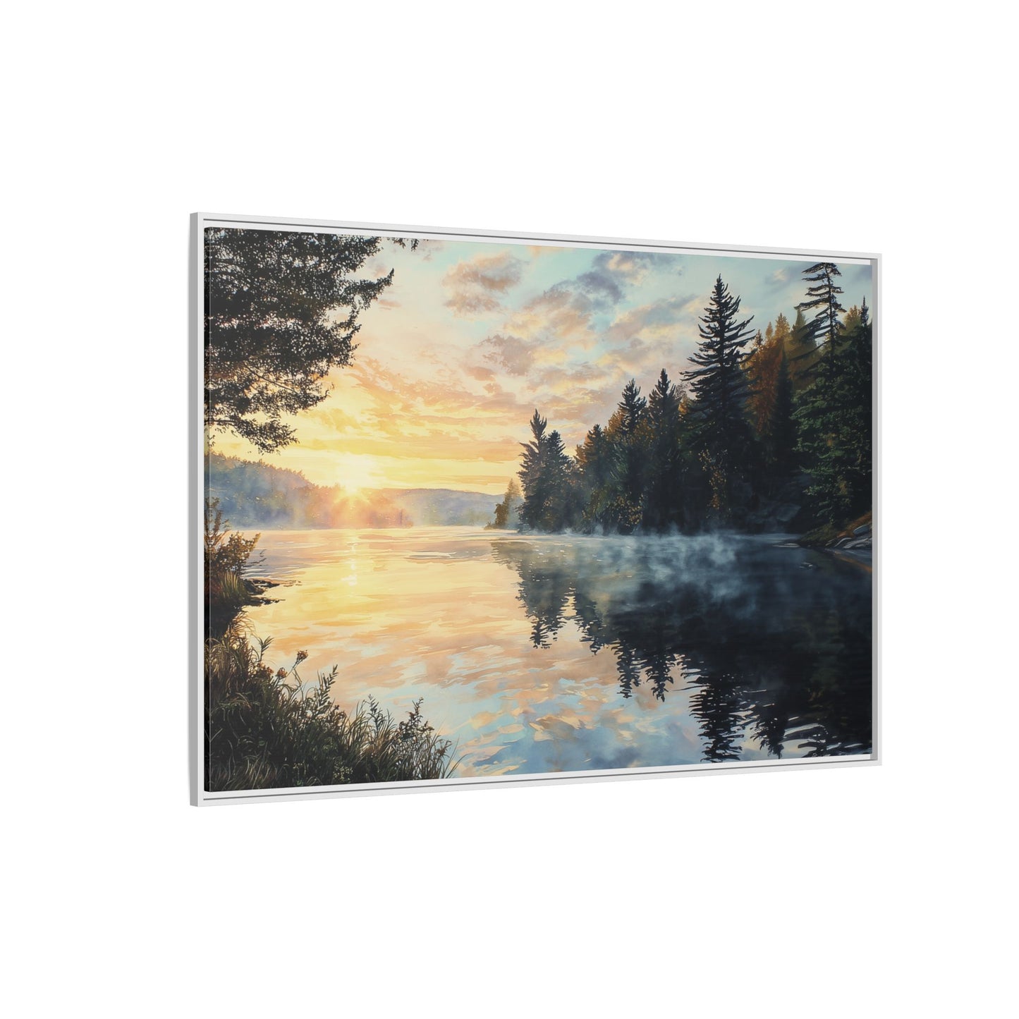 Sunrise Lake Framed Canvas Print — Forest Reflection Wall Art