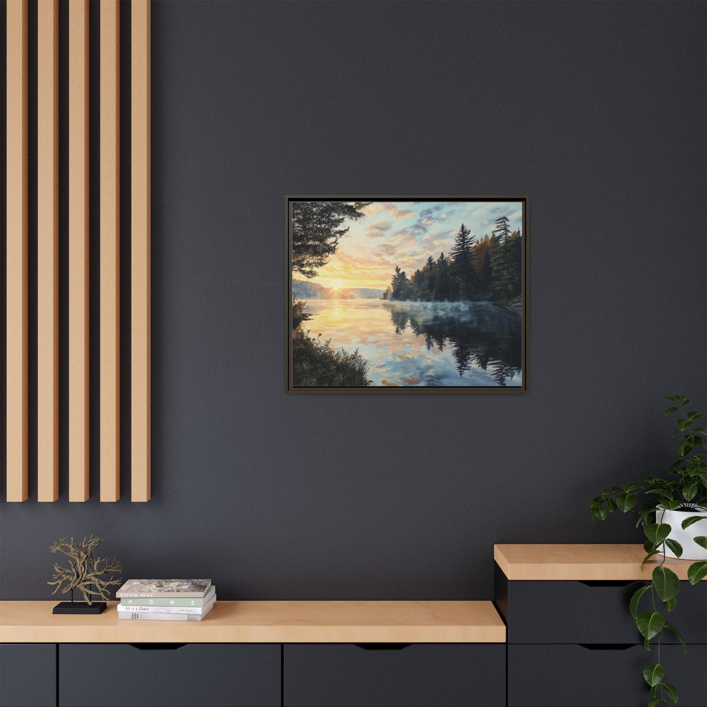 Sunrise Lake Framed Canvas Print — Forest Reflection Wall Art