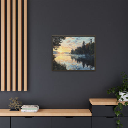 Sunrise Lake Framed Canvas Print — Forest Reflection Wall Art