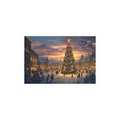 Christmas Town Square Silk Paper Print — Holiday Tree at Sunset