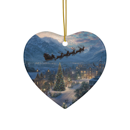 Star Ceramic Ornament – Santa Over Snowy Village Christmas Tree Holiday Decoration