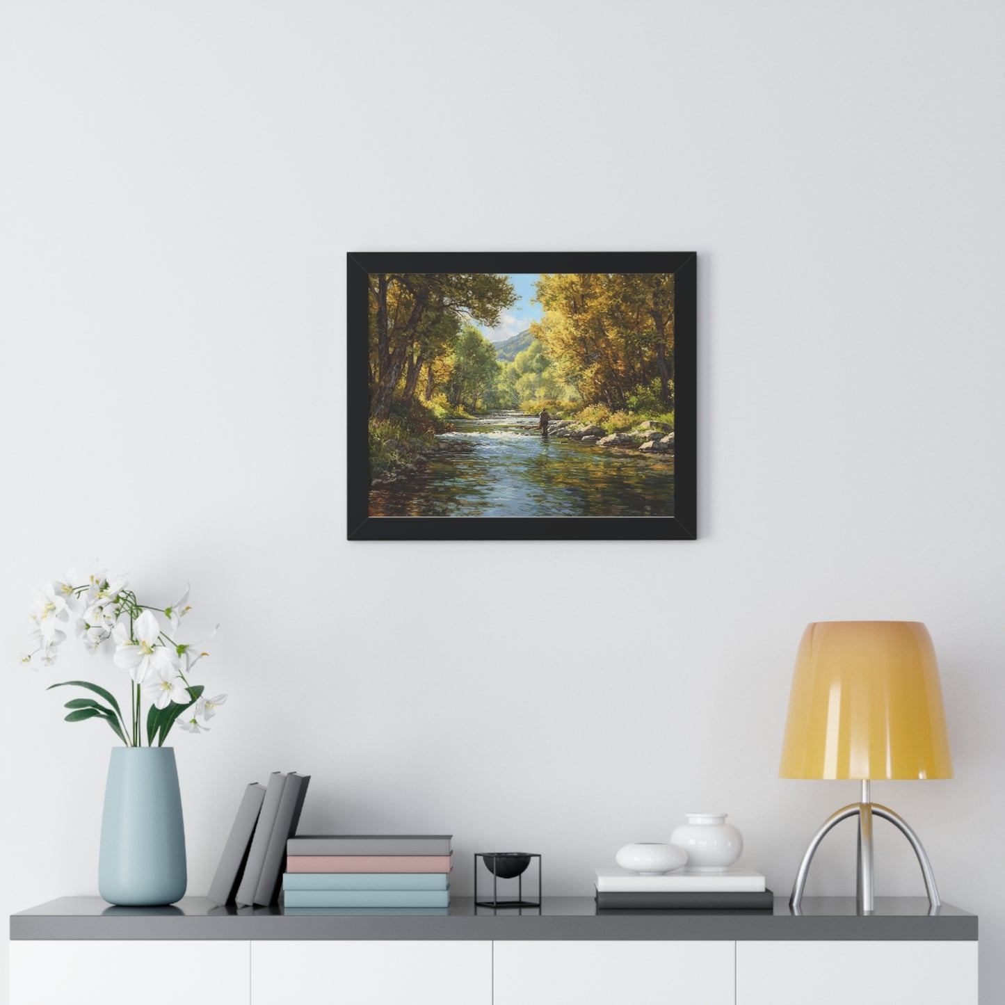 River Fly Fishing Art Print for Cabin & Living Room - Framed Landscape Print