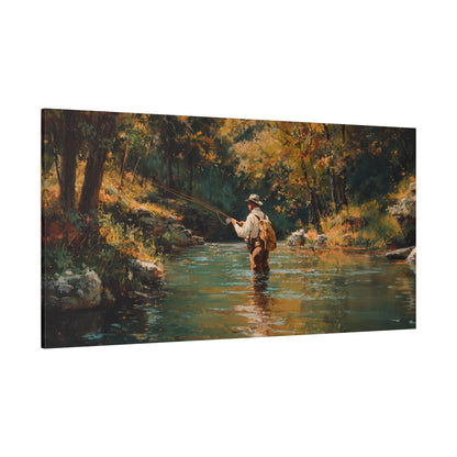 Vintage Fly Fisherman River Scene Matte Stretched Canvas (1.25")