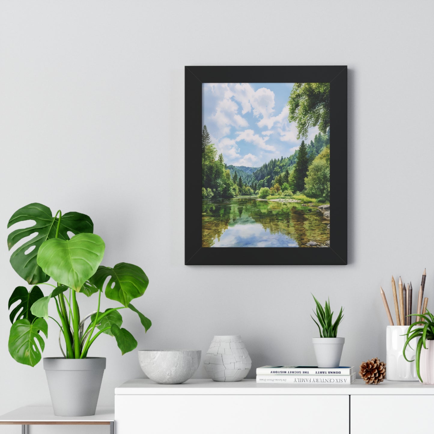 Serene Mountain Lake Landscape Wall Art -Framed Vertical Print