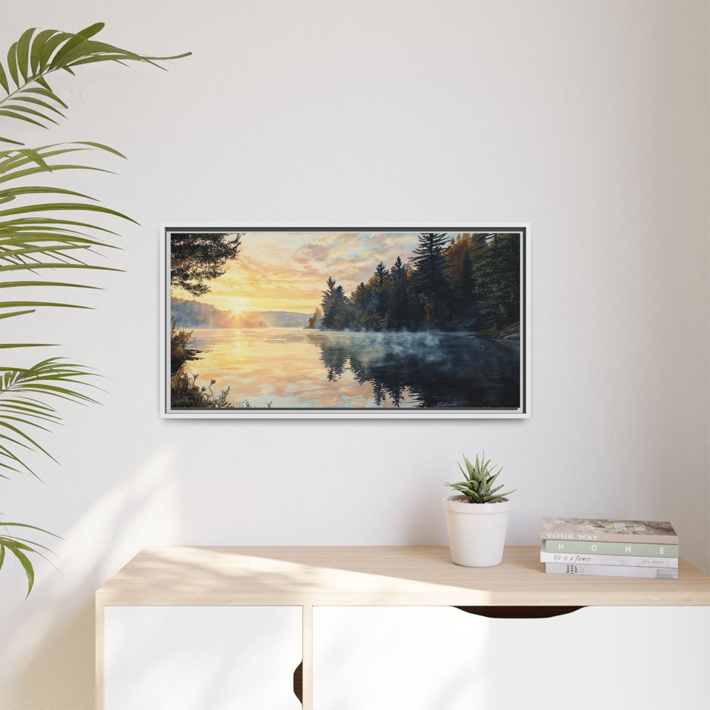Sunrise Lake Framed Canvas Print — Forest Reflection Wall Art