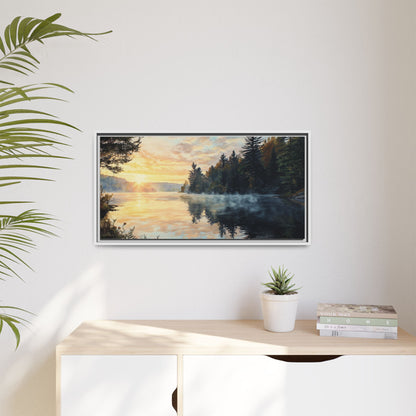 Sunrise Lake Framed Canvas Print — Forest Reflection Wall Art