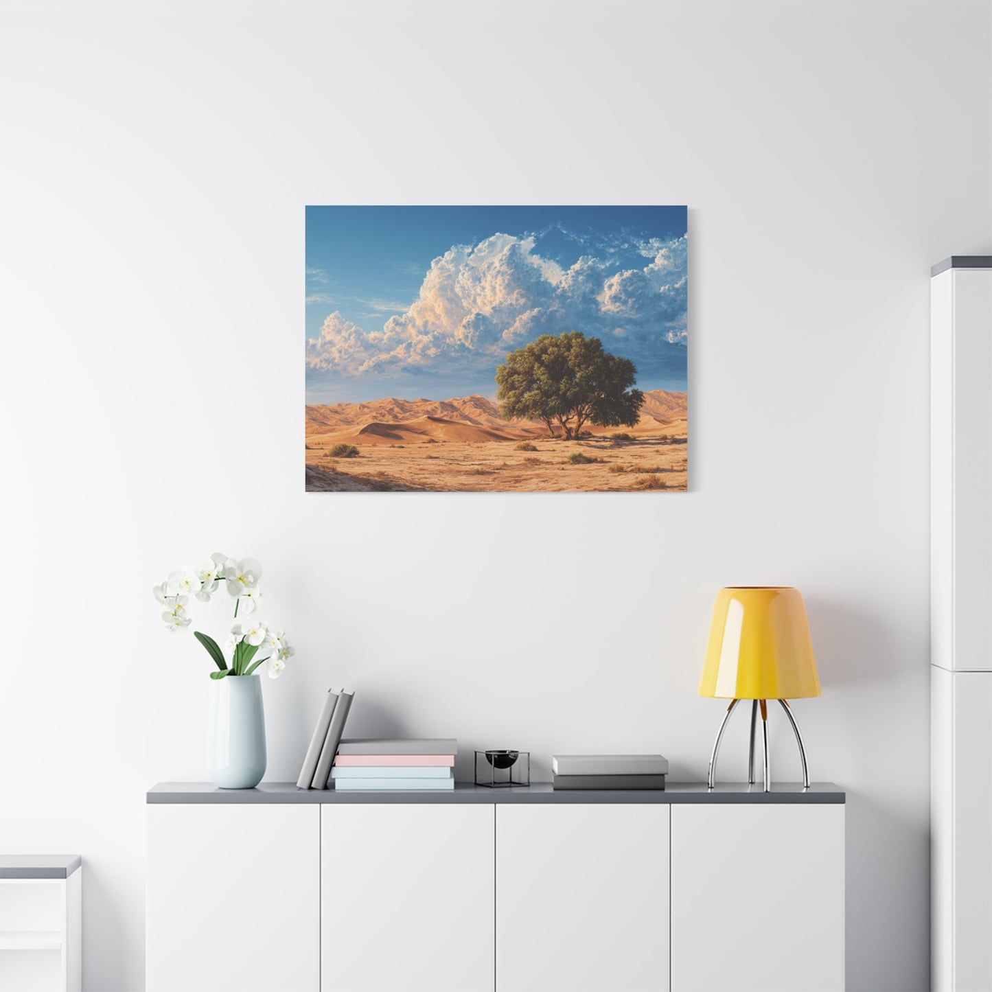 Desert Solitude Canvas Print — Lone Tree in Golden Dunes Matte Stretched Wall Art