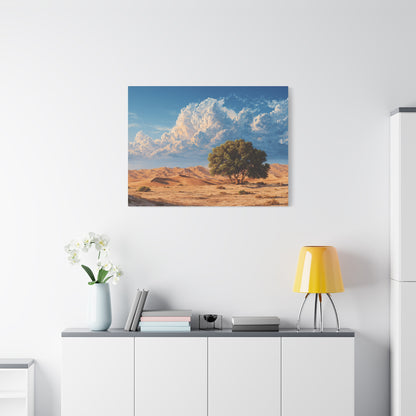 Desert Solitude Canvas Print — Lone Tree in Golden Dunes Matte Stretched Wall Art