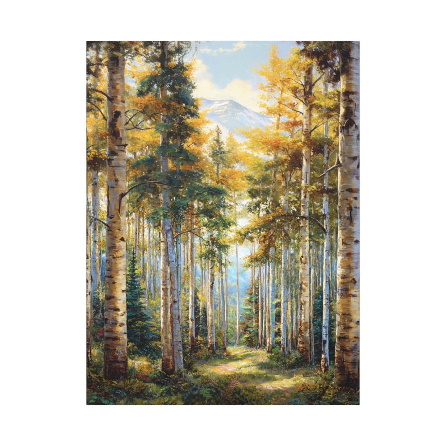 Aspen Forest Path Vertical Canvas Print — Serene Woodland Wall Art