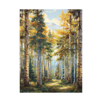 Aspen Forest Path Vertical Canvas Print — Serene Woodland Wall Art