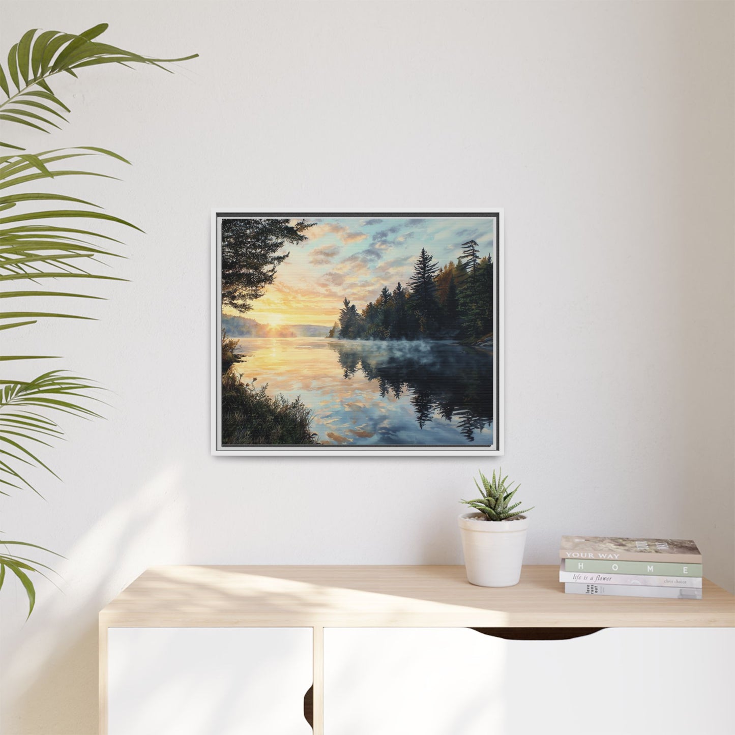 Sunrise Lake Framed Canvas Print — Forest Reflection Wall Art