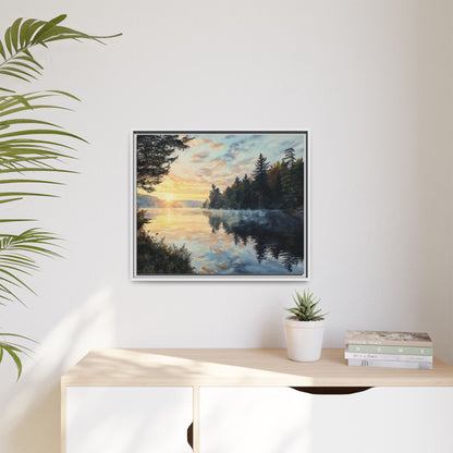Sunrise Lake Framed Canvas Print — Forest Reflection Wall Art