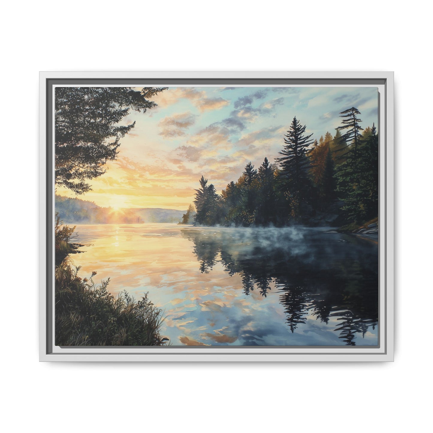 Sunrise Lake Framed Canvas Print — Forest Reflection Wall Art