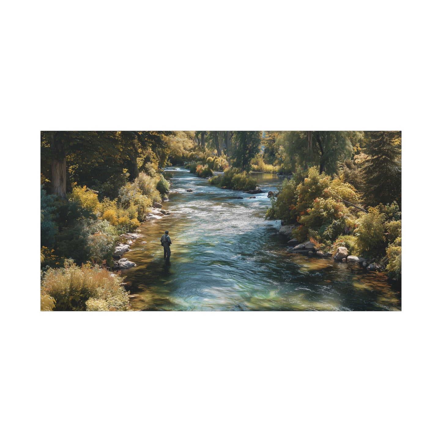 River Fishing Canvas Wall Art — Serene Forest Stream Matte Stretched Print