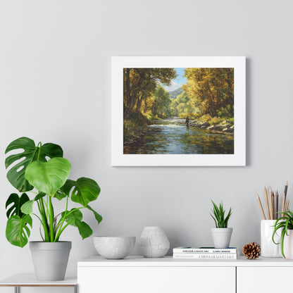 River Fly Fishing Art Print for Cabin & Living Room - Framed Landscape Print