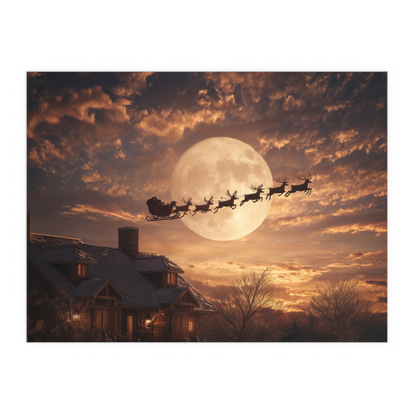 Santa’s Sleigh Over Full Moon Silk Paper Print — Indoor & Outdoor Holiday Wall Art
