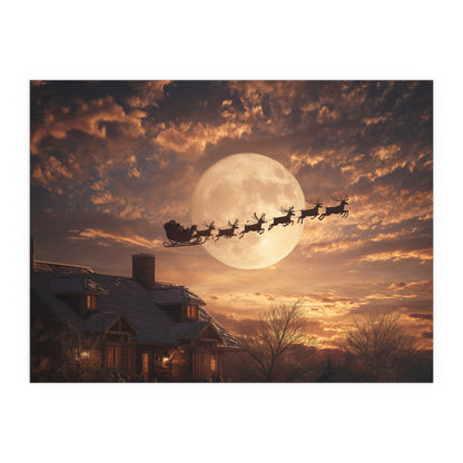 Santa’s Sleigh Over Full Moon Silk Paper Print — Indoor & Outdoor Holiday Wall Art