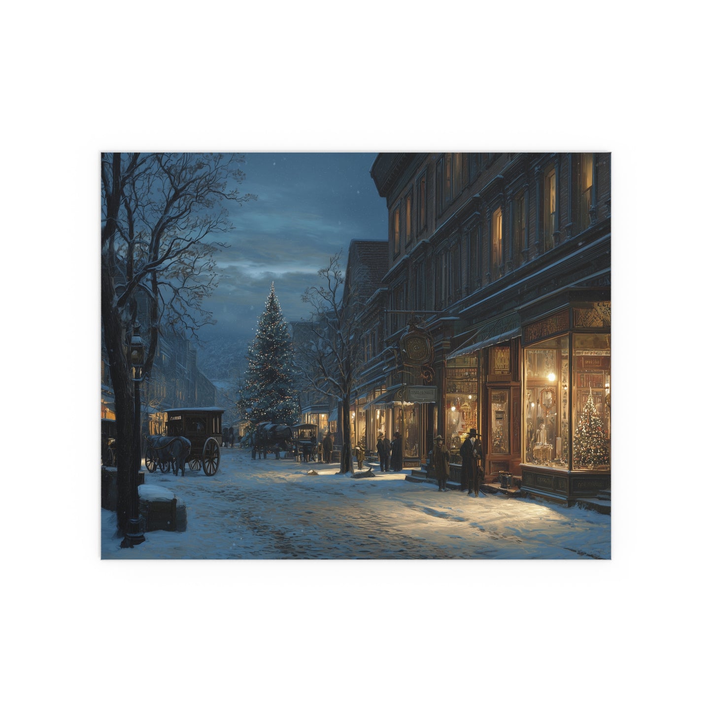 Victorian Christmas Street Silk Paper Print — Snowy Night Holiday Print