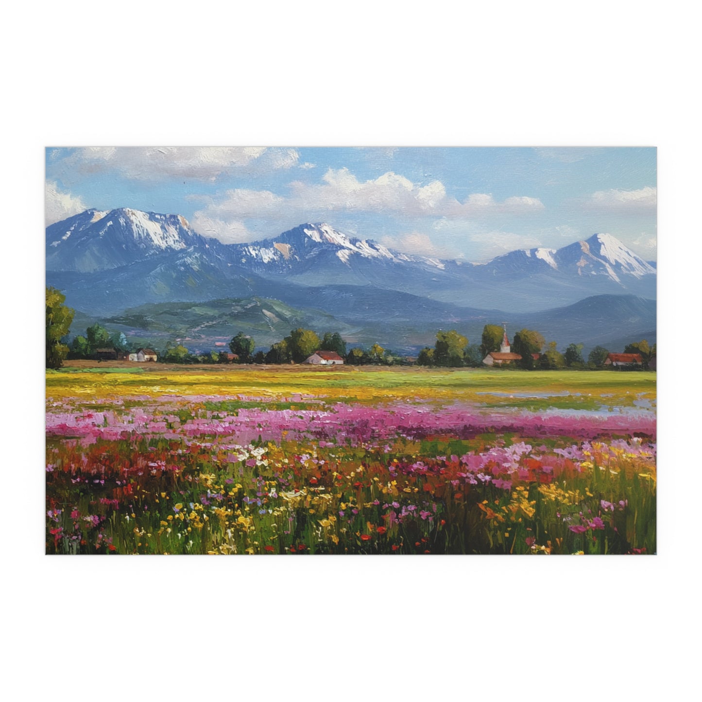 Impressionist Mountain Landscape with Flowers - Silk Paper Print