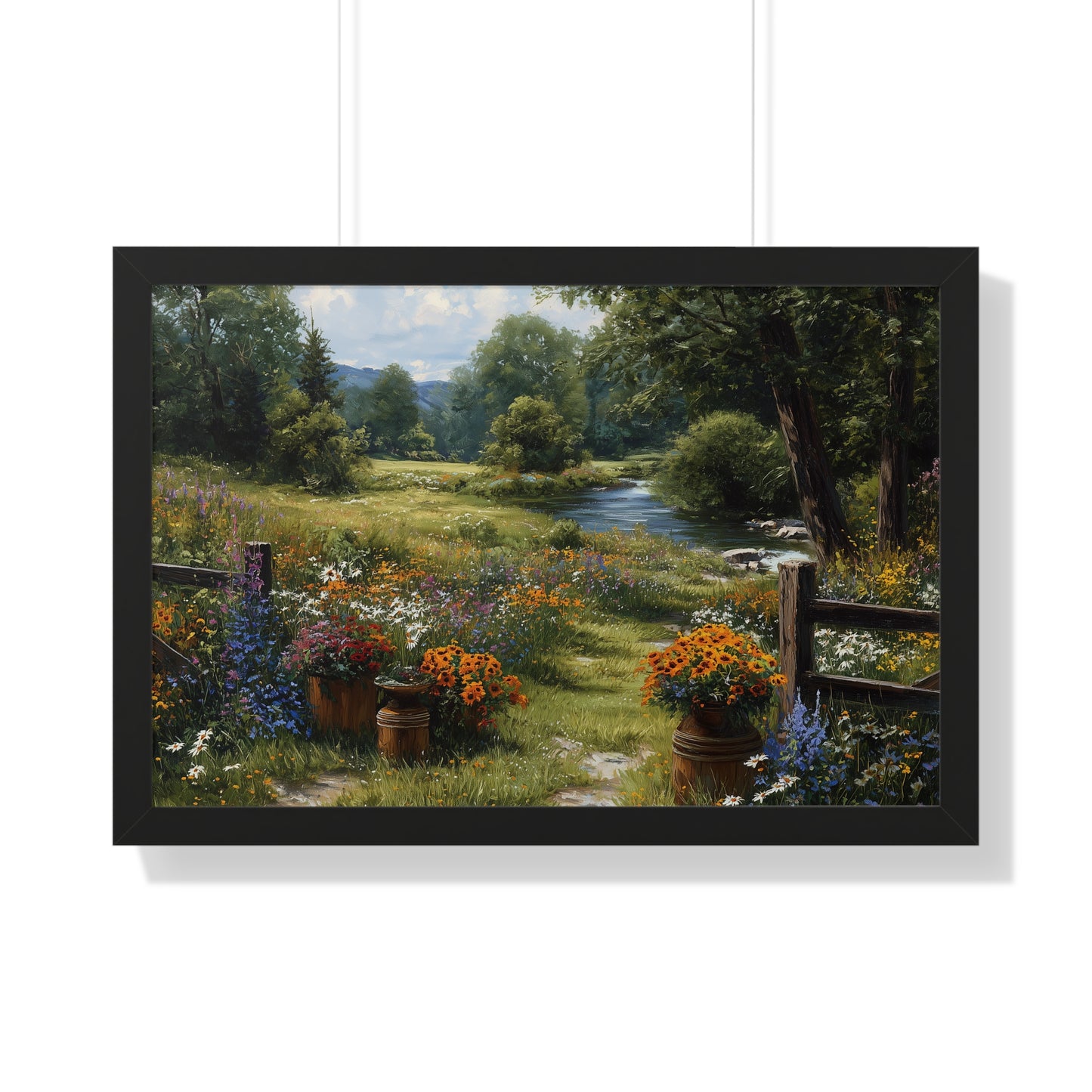 Serene Country Meadow Landscape Print - Framed Print