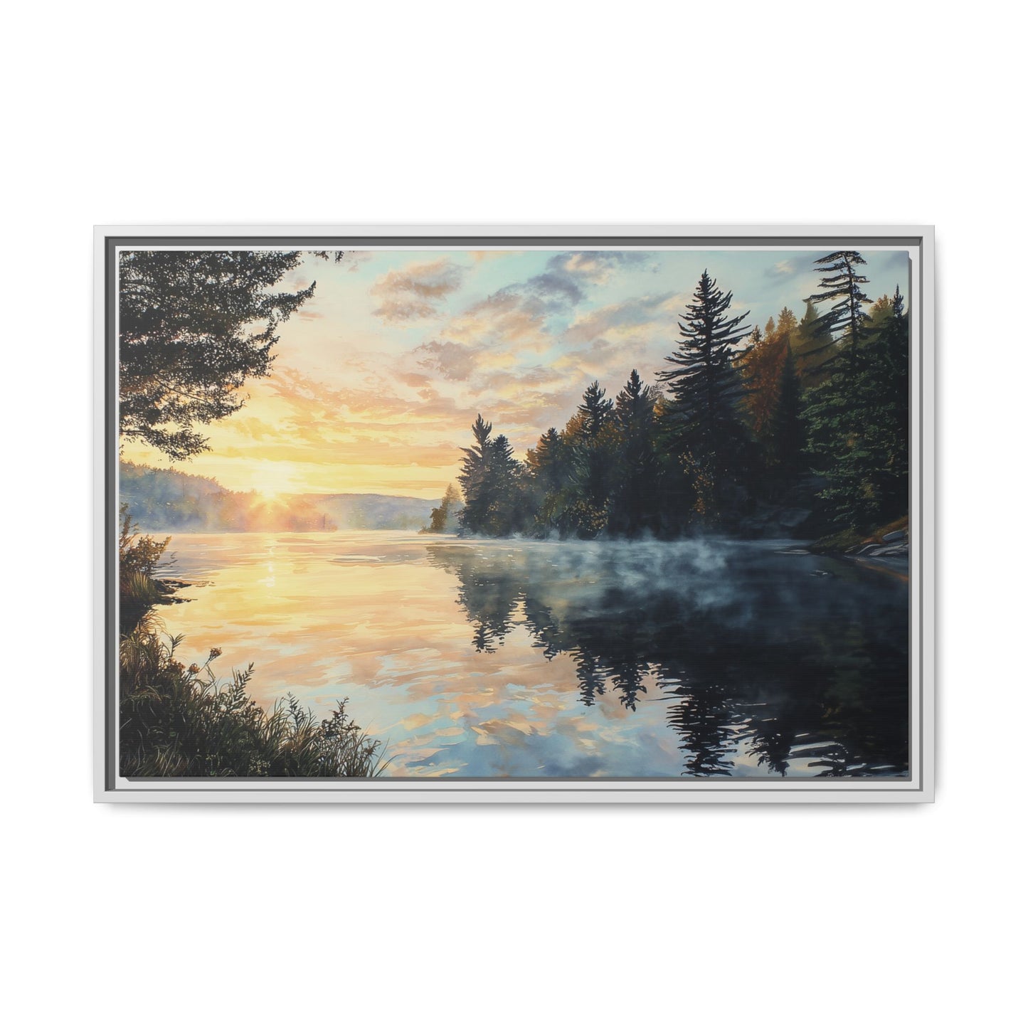 Sunrise Lake Framed Canvas Print — Forest Reflection Wall Art