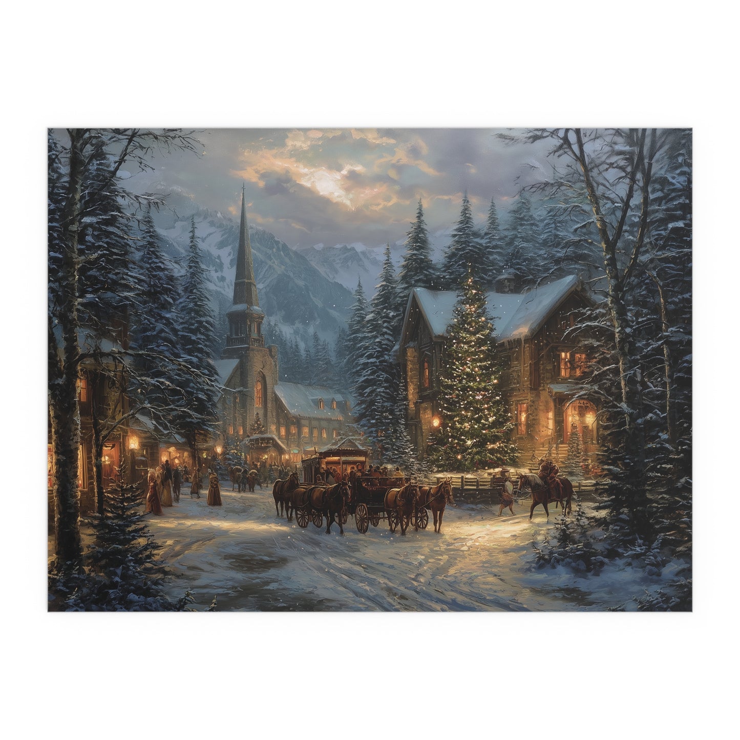 Christmas Village Winter Scene - Silk Paper Print