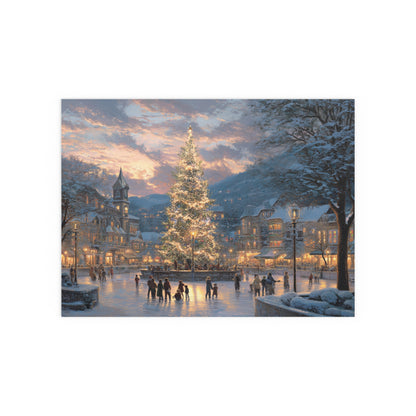 Christmas Village on Skates Silk Print — Illuminated Holiday Tree Winter Scene