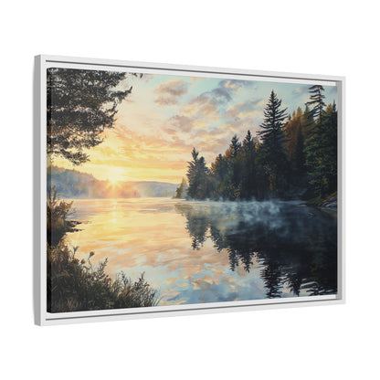 Sunrise Lake Framed Canvas Print — Forest Reflection Wall Art
