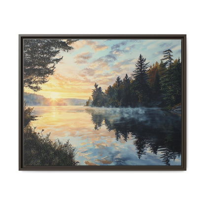 Sunrise Lake Framed Canvas Print — Forest Reflection Wall Art