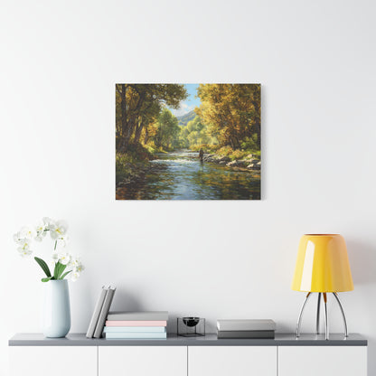 Autumn River Fly Fishing Matte Stretched Canvas