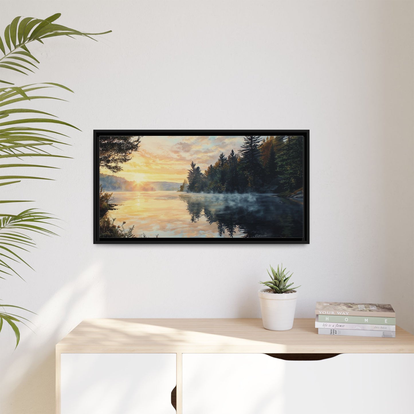 Sunrise Lake Framed Canvas Print — Forest Reflection Wall Art