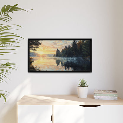 Sunrise Lake Framed Canvas Print — Forest Reflection Wall Art