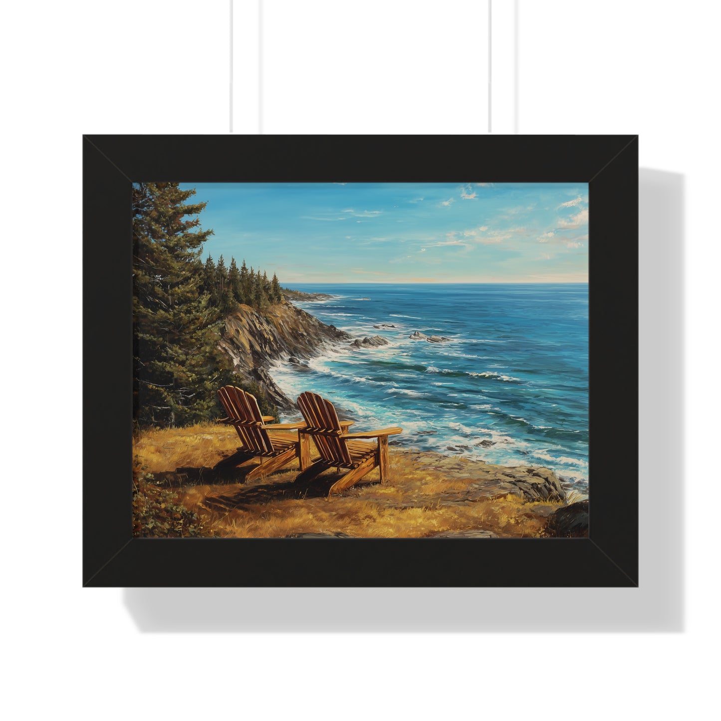 Coastal Clifftop Adirondack Chairs Framed Print — Beach Landscape Wall Art