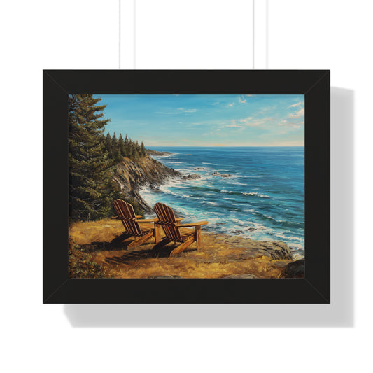 Coastal Clifftop Adirondack Chairs Framed Print — Beach Landscape Wall Art