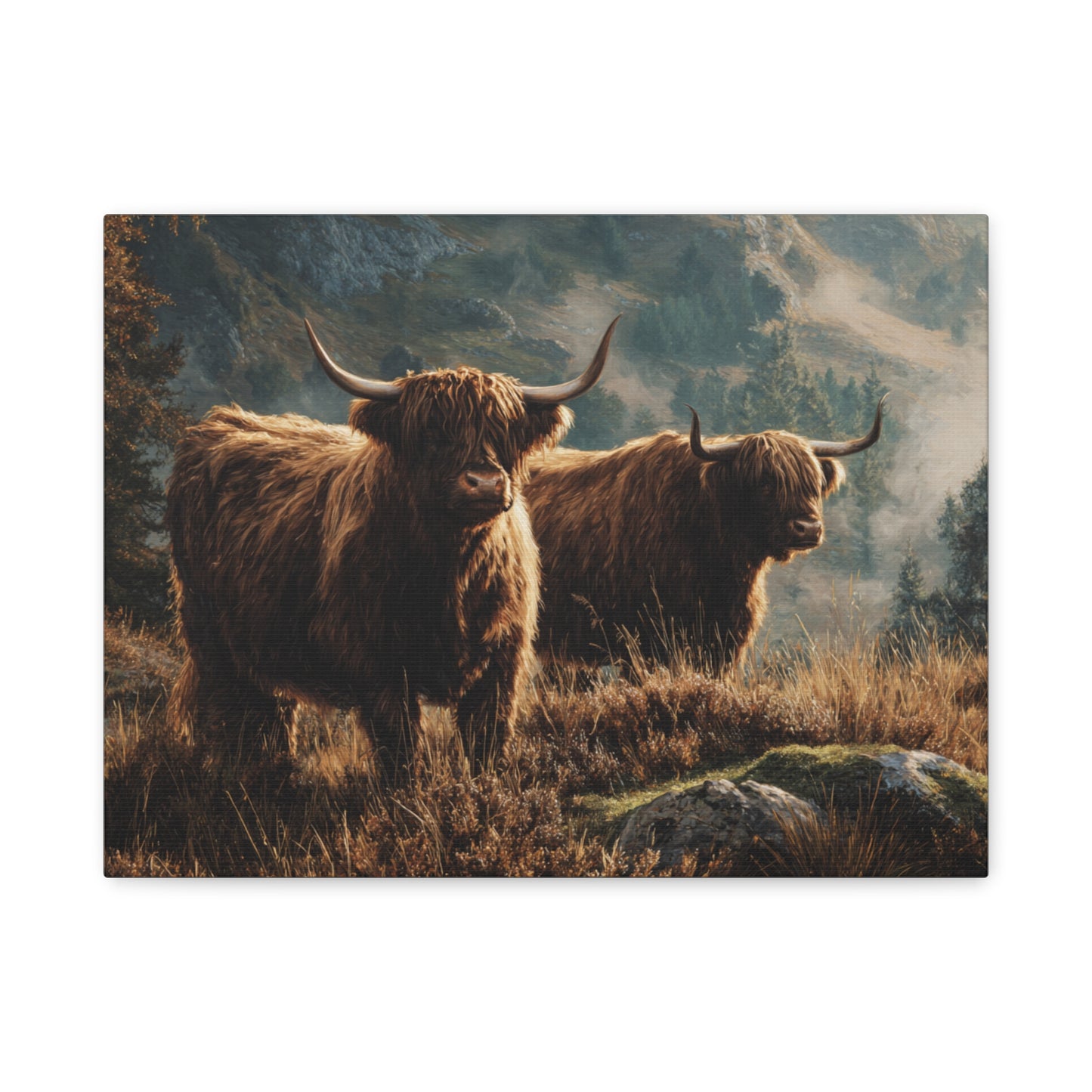 Highland Cow Canvas Print – Rustic Scottish Cattle Landscape Wall Art