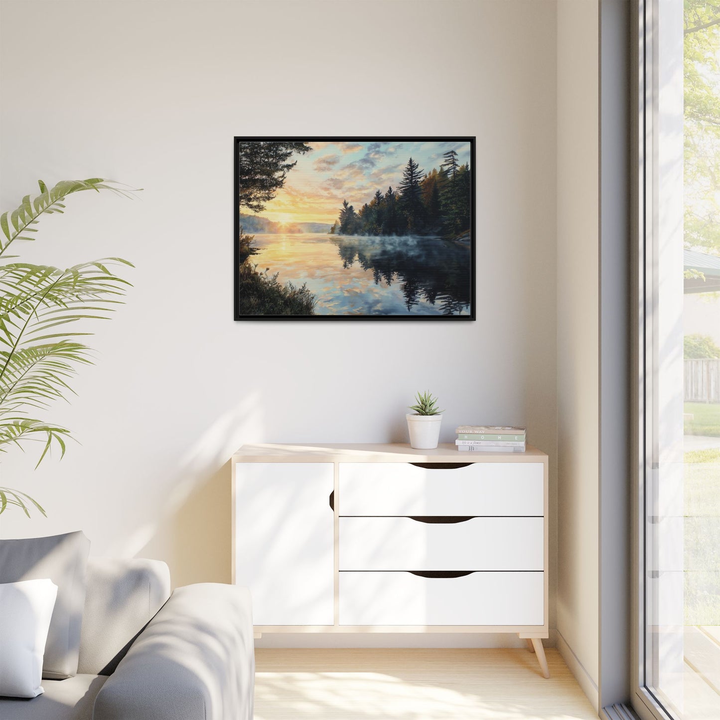 Sunrise Lake Framed Canvas Print — Forest Reflection Wall Art