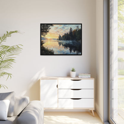 Sunrise Lake Framed Canvas Print — Forest Reflection Wall Art