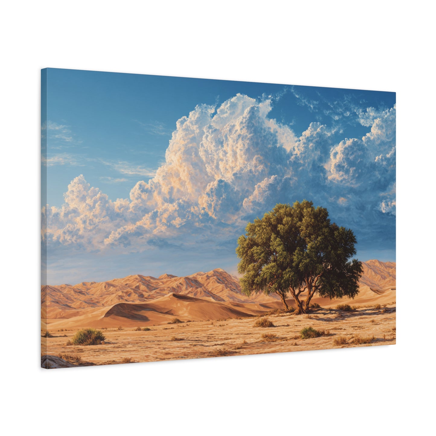 Desert Solitude Canvas Print — Lone Tree in Golden Dunes Matte Stretched Wall Art