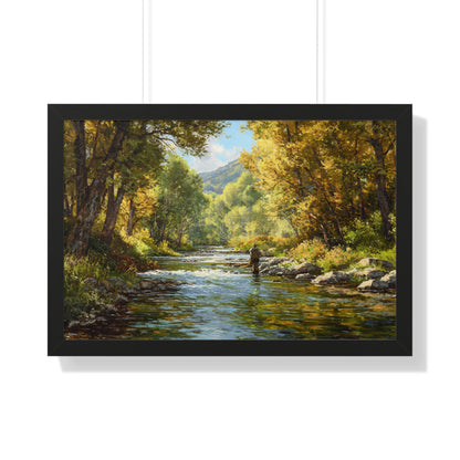 River Fly Fishing Art Print for Cabin & Living Room - Framed Landscape Print