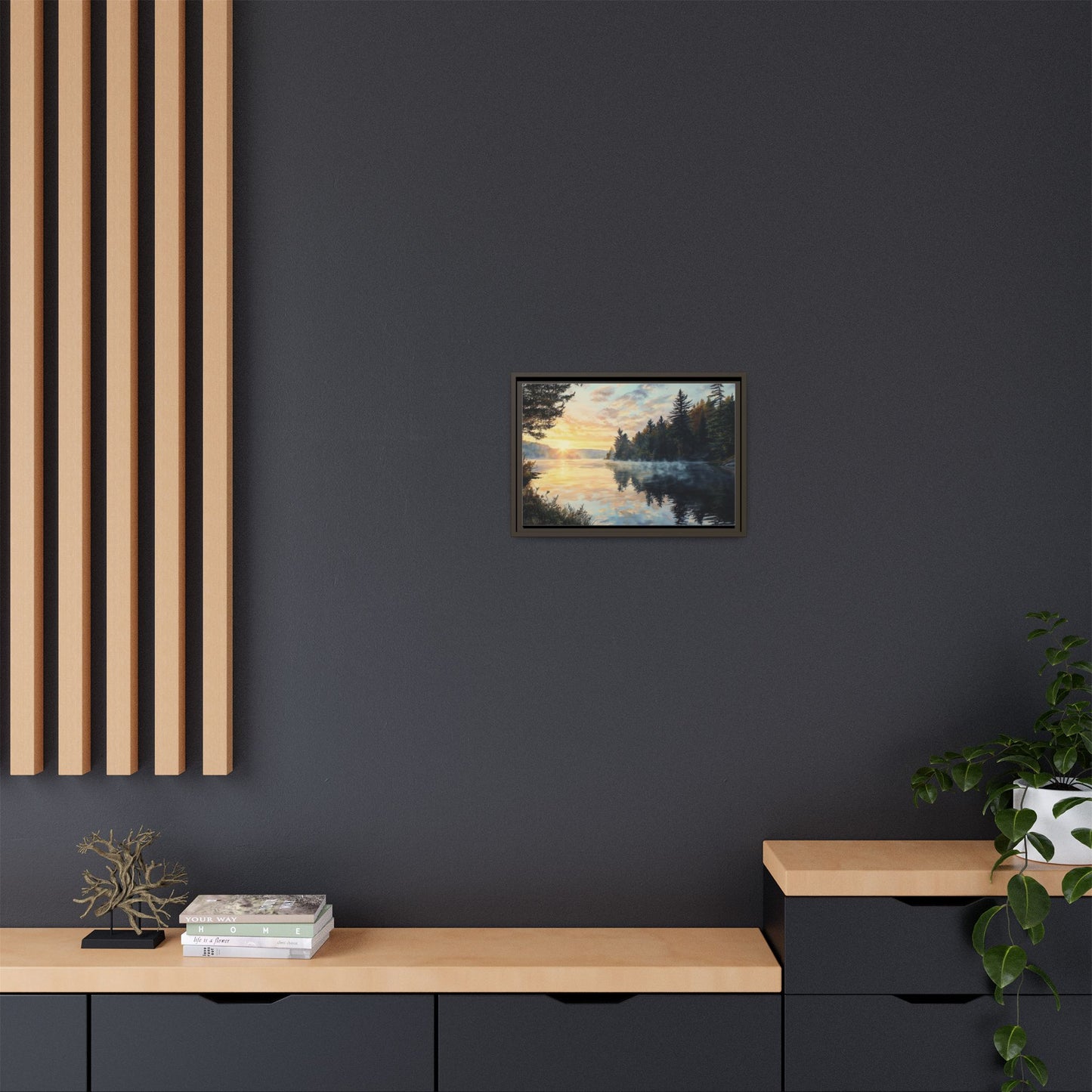 Sunrise Lake Framed Canvas Print — Forest Reflection Wall Art