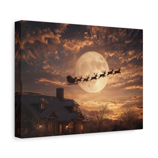 Santa's Sleigh Over Full Moon - Matte Canvas Wall Art