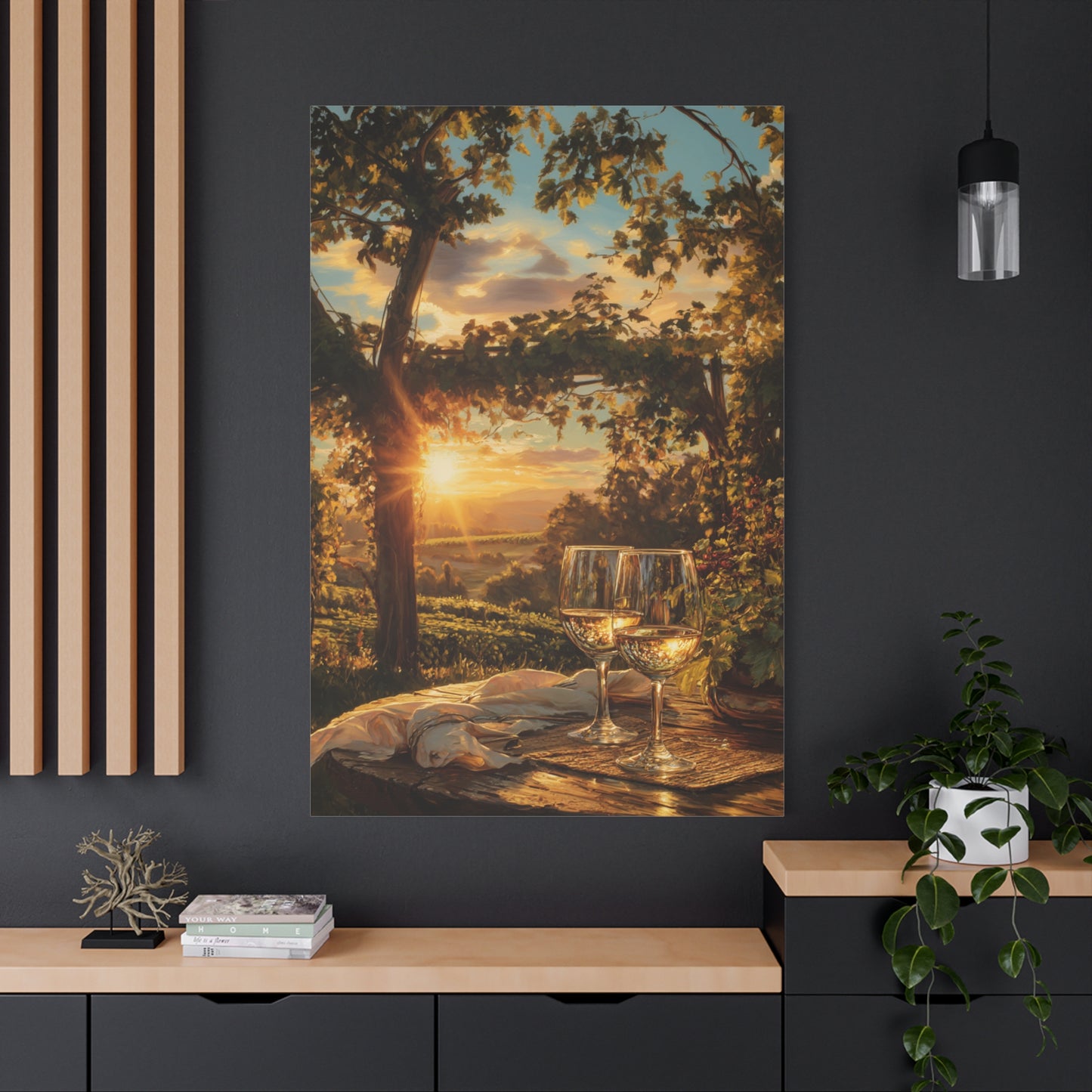 Sunset Vineyard Canvas Wall Art – Wineglass Landscape Matte Stretched Print