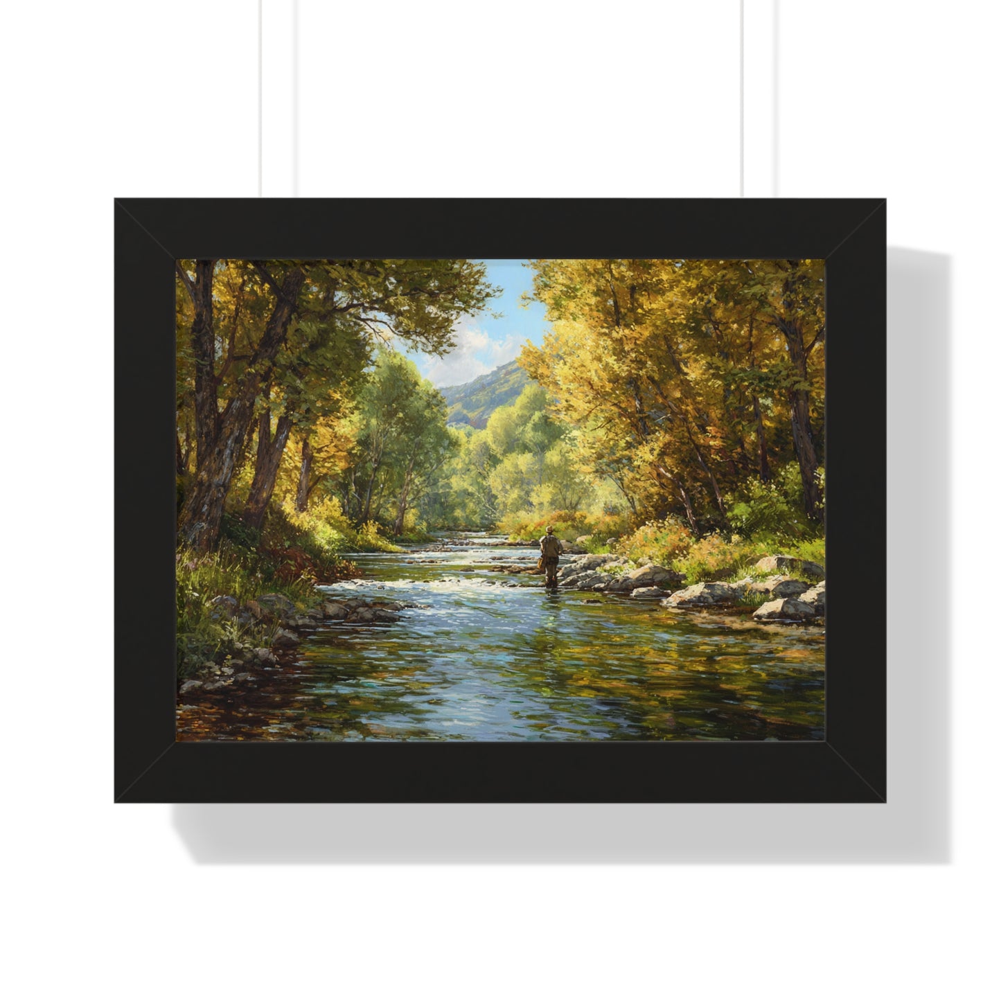River Fly Fishing Art Print for Cabin & Living Room - Framed Landscape Print