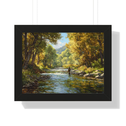 River Fly Fishing Art Print for Cabin & Living Room - Framed Landscape Print