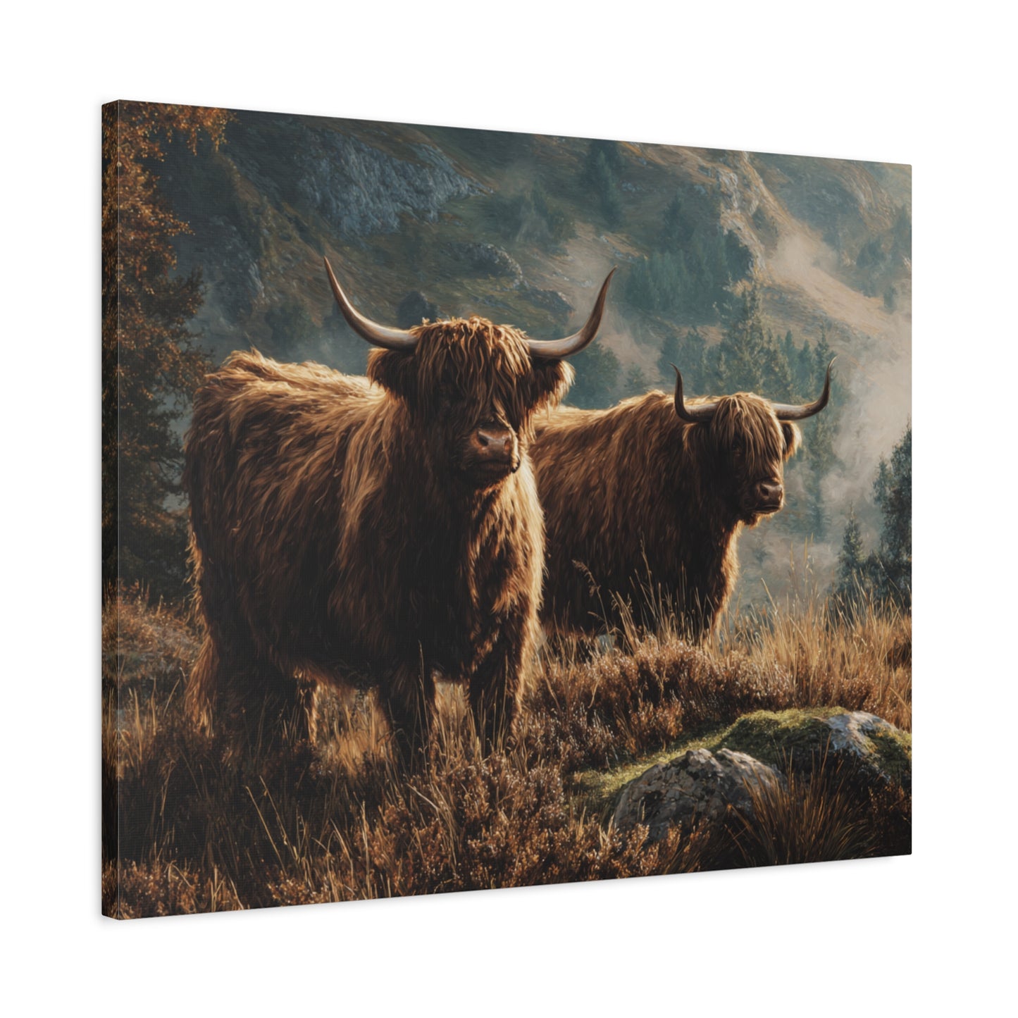 Highland Cow Canvas Print – Rustic Scottish Cattle Landscape Wall Art