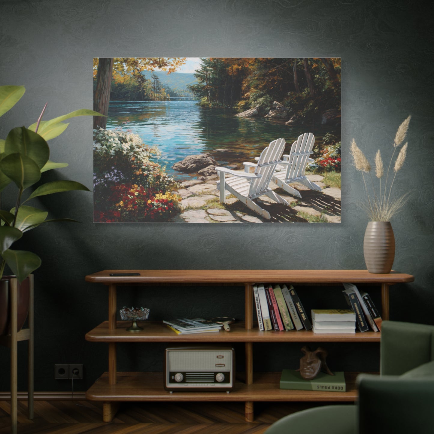 Canvas Print - Lakeside Adirondack Chairs Scenic Wall Art (Matte Stretched)